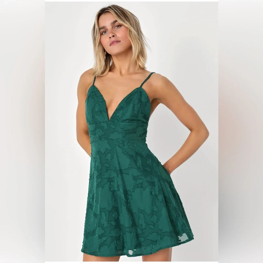 Lulu's Emerald Green Spaghetti-Strap Lace Mini Dress